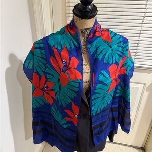 Vintage Liz Claiborne Blue and Red Floral silk Scarf roughly 15”x64”